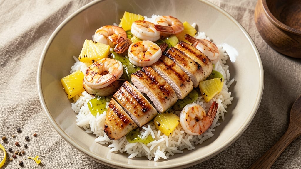 Chicken, Shrimp, and Pineapple Bowl Recipe: Tropical Crunch Meets Savory Zing