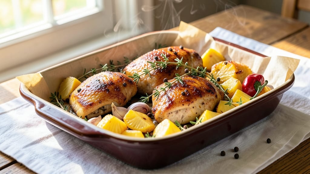 Jamaican Pineapple Baked Chicken Recipe: Jerk-Spiced Sweetness With Crispy Celery Topping