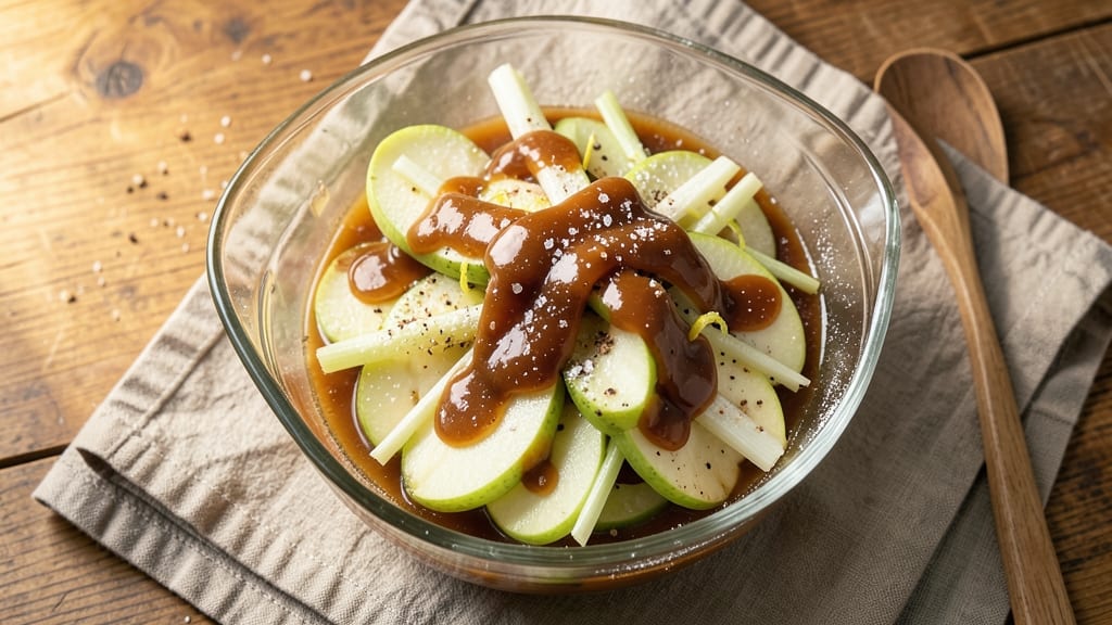 Old Fashioned Caramel Apple Salad Recipe: Warm Spiced Streusel Over Tart Celery Crunch