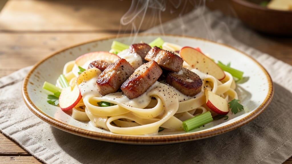 Sweet Apple Chicken Sausage Pasta Recipe: Celery-Pepper Crunch Meets Sweet Tart Simmer