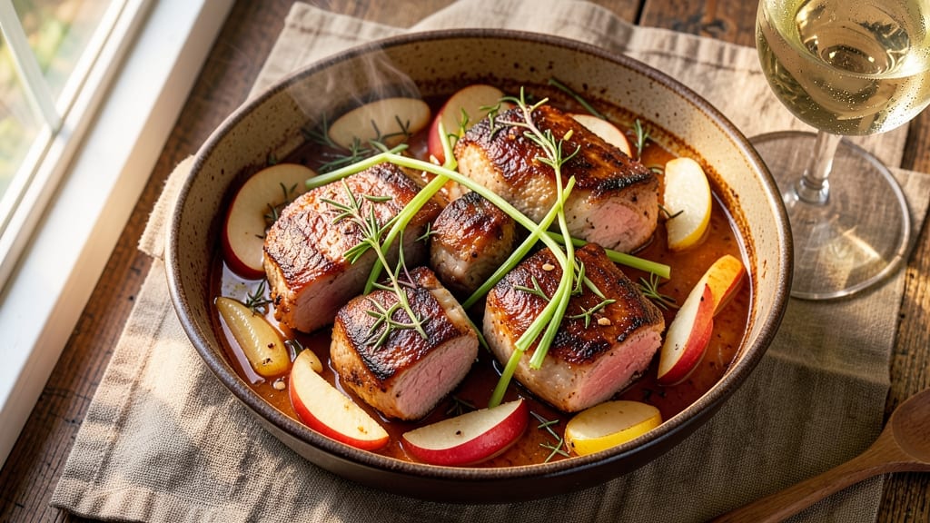 Pork Chops and Apples Oven Recipe: Celery-Infused Pan Sauce That Thickens to Velvet