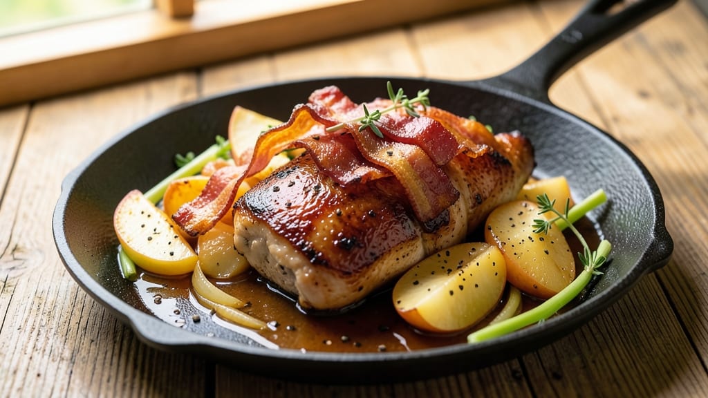 Chicken Apple Bacon Recipe: Smoky Sweet Pan Sauce With Crispy Celery Bites