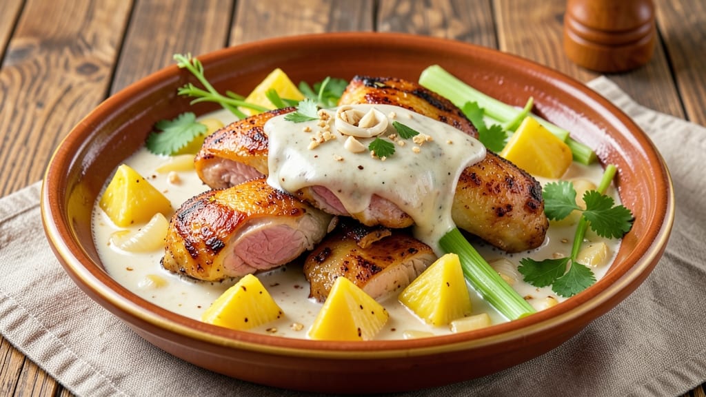 Chicken With Coconut Milk and Pineapple Filipino Recipe: Tangy-Sweet Simmer With Celery Crunch Twist