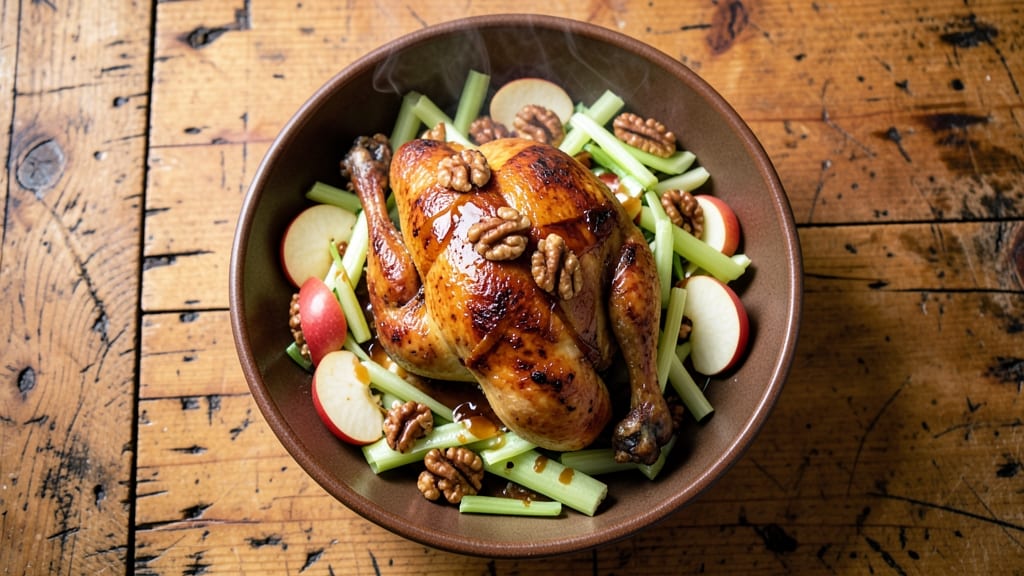 Old Chicago Roasted Chicken, Apple, and Walnut Salad Recipe: Warm Spiced Chicken with Crisp Celery and Nutty Crunch